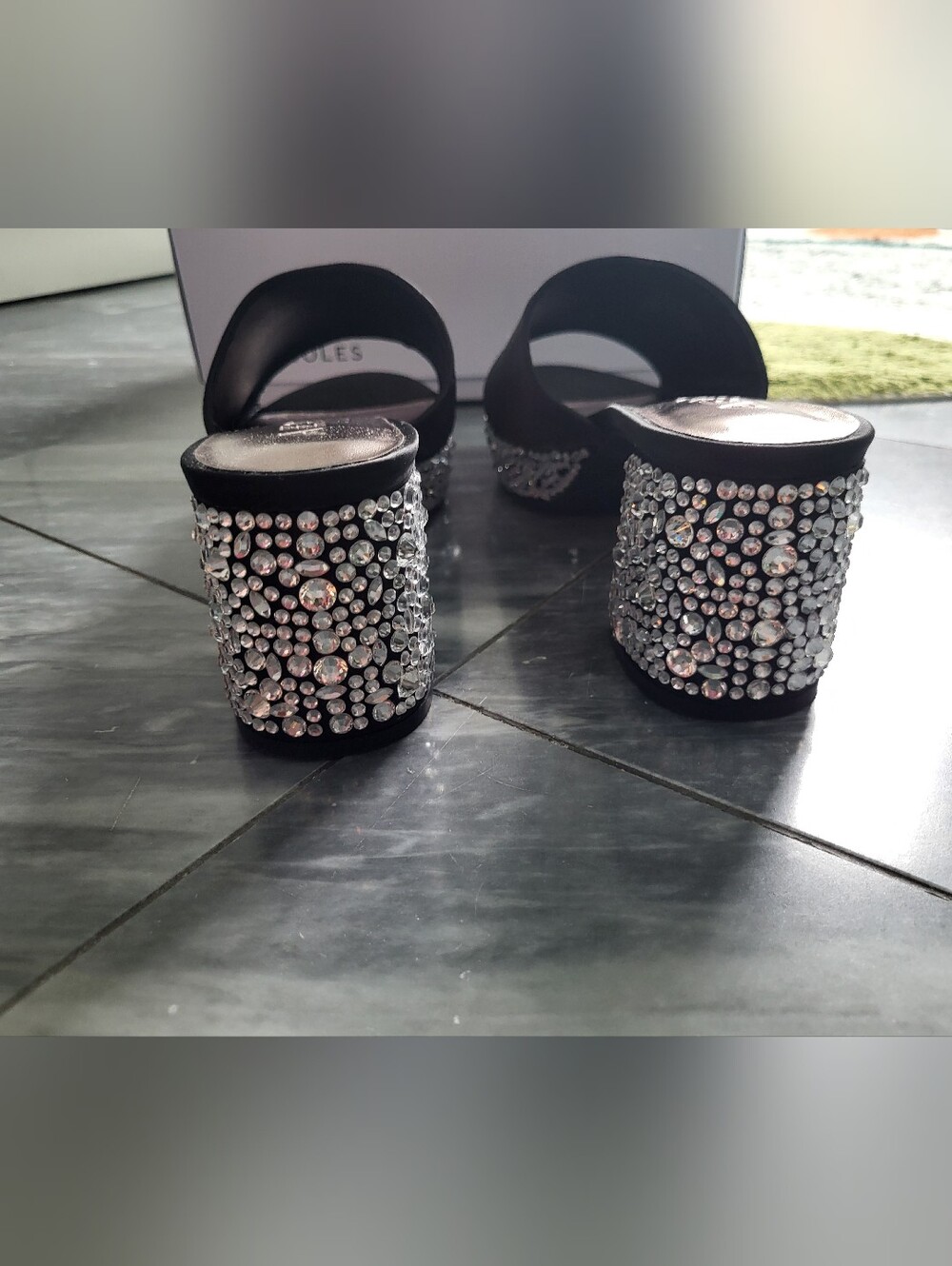 Aerosoles Black Satin Slide Sandals with Crystal Embellishments 8.5 - Picture 7 of 9